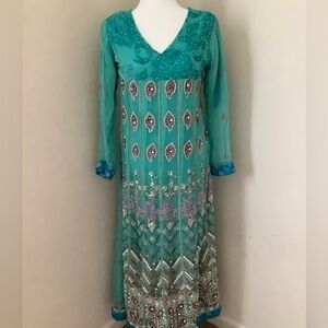 Blue decorated v neck afghan/pakistani dress set